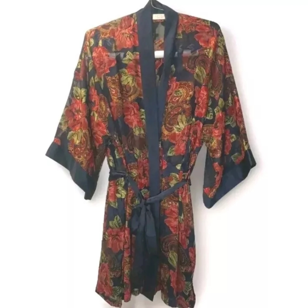Victoria Secret Kimono Navy Sheer Floral Pailsey Belted Robe Vtg Gold Label O/S